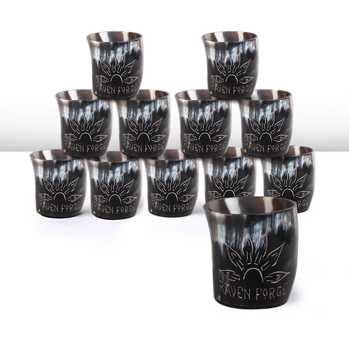 Whiskey Shot Cups Set Sunburst Pattern Real Ox Horn 6.5 oz, Pack 4, 8 & 12