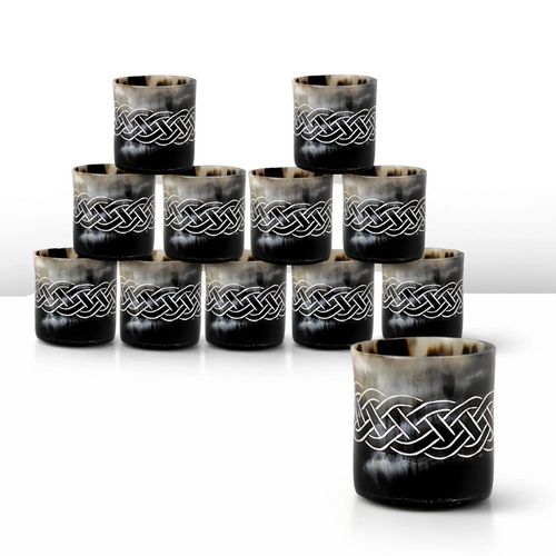 Whiskey Shot Cups Set Knot Pattern Real Ox Horn 6.5 oz, Pack 4, 8 & 12
