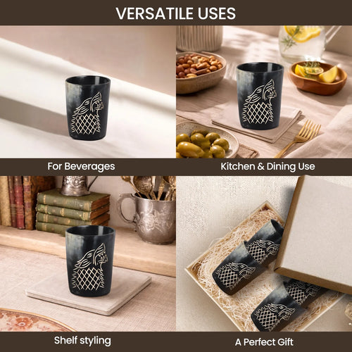 Whiskey Shot Cups Set Viking Wolf Pattern Real Ox Horn 6.5 oz, Pack 4, 8 & 12