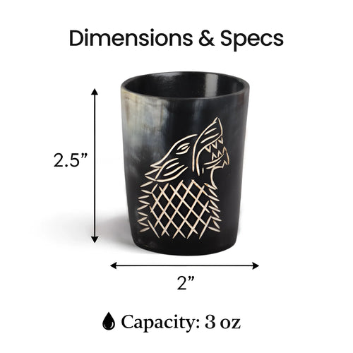Whiskey Shot Cups Set Viking Wolf Pattern Real Ox Horn 6.5 oz, Pack 4, 8 & 12