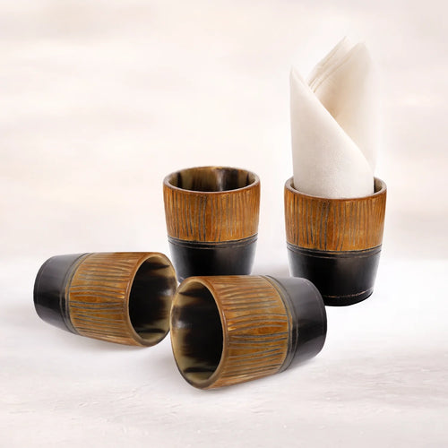 Whiskey Shot Cups Set Strips Pattern Real Ox Horn 6.5 oz, Pack 4, 8 & 12