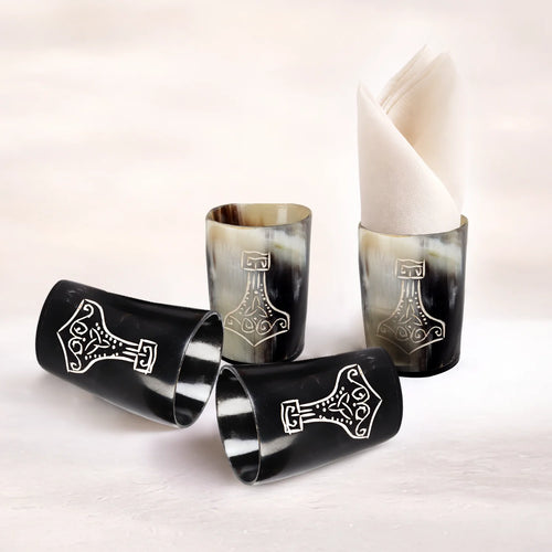 Whiskey Shot Cups Set Nordic Hammer Pattern Real Ox Horn 6.5 oz, Pack 4, 8 & 12