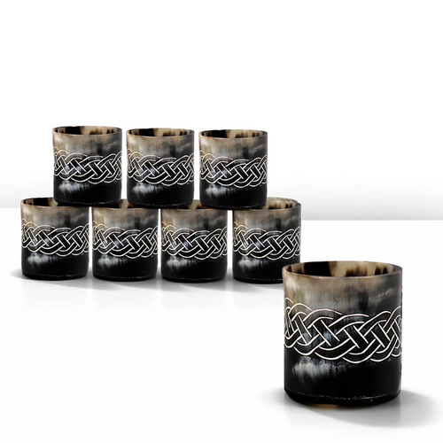 Whiskey Shot Cups Set Knot Pattern Real Ox Horn 6.5 oz, Pack 4, 8 & 12