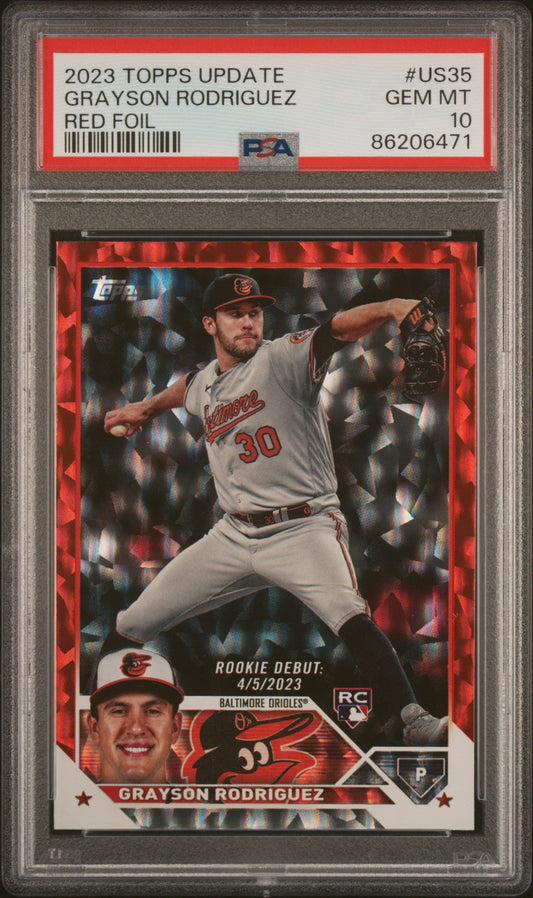 Graded 2023 Topps Update Grayson Rodriguez #US35 Red Foil #/199 Rookie RC Baseball Card PSA 10 Gem Mint