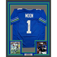 Framed Autographed/Signed Warren Moon HOF 06 35x39 Seattle Blue Retro Football Jersey Beckett BAS COA