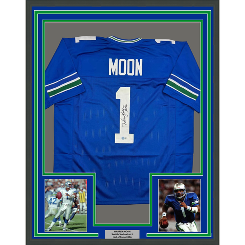 Framed Autographed/Signed Warren Moon HOF 06 35x39 Seattle Blue Retro Football Jersey Beckett BAS COA