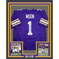 Framed Autographed/Signed Warren Moon HOF 06 35x36 Minnesota Purple Football Jersey Beckett BAS COA