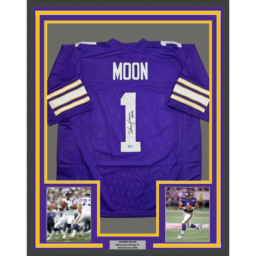 Framed Autographed/Signed Warren Moon HOF 06 35x36 Minnesota Purple Football Jersey Beckett BAS COA