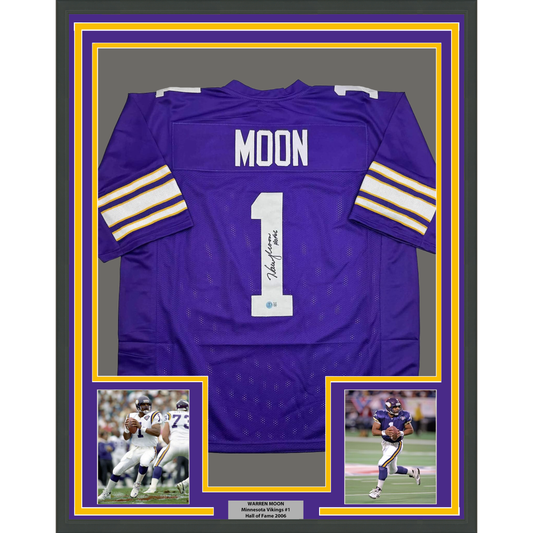 Framed Autographed/Signed Warren Moon HOF 06 35x36 Minnesota Purple Football Jersey Beckett BAS COA