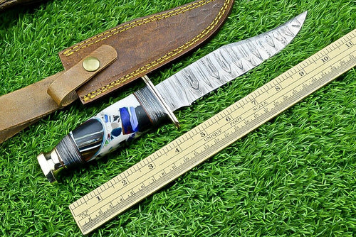 Hand-Forged Western Boulder Colorado Knife – 11" Damascus Steel Blade with Brass Guard & Resin Grip