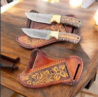 Western Cowboy Knife – Damascus Steel, Pine Cone Resin & Brass Handle