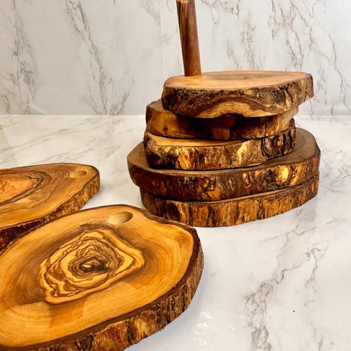 Olive Wood Coaster Set with Holder -7 Pcs