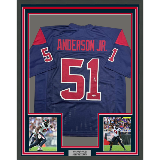 Framed Autographed/Signed Will Anderson Jr. 35x39 Houston Blue Alternate Football Jersey JSA COA