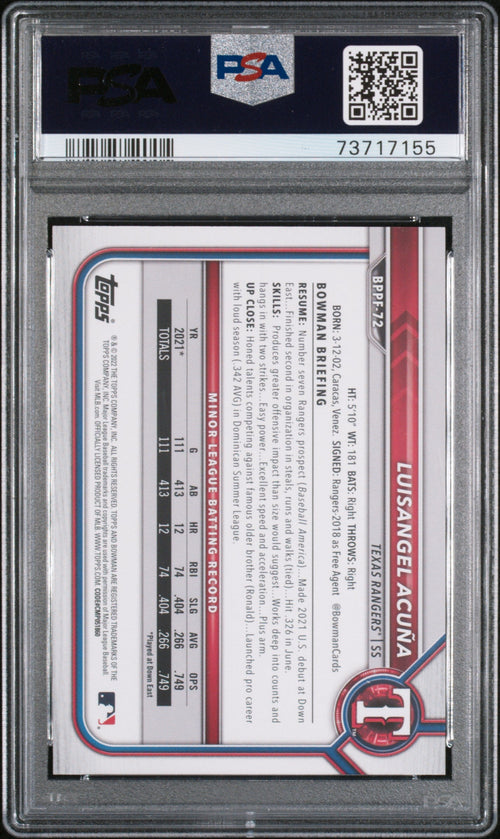 Graded 2022 Topps Bowman 1st Edition Luisangel Acuna #BPPF72 Sky Blue Foil Rookie RC Baseball Card PSA 10 Gem Mint