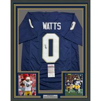 Framed Autographed/Signed Xavier Watts 35x39 Notre Dame Blue College Football Jersey JSA COA