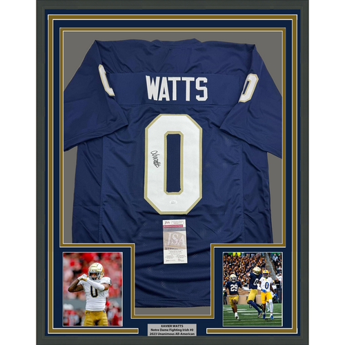 Framed Autographed/Signed Xavier Watts 35x39 Notre Dame Blue College Football Jersey JSA COA