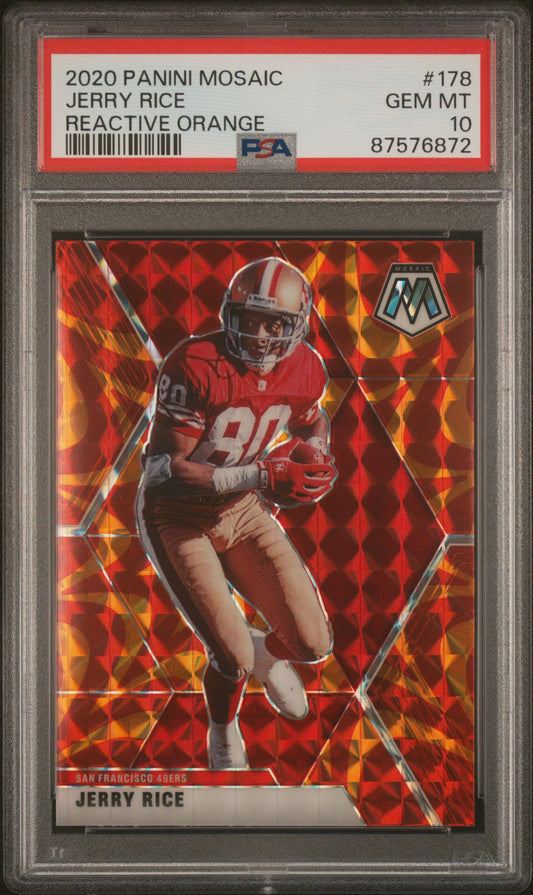 Graded 2020 Panini Mosaic Jerry Rice #178 Reactive Orange Football Card PSA 10 Gem Mint