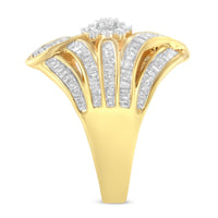 10K Yellow Gold Flashed .925 Sterling Silver 1-1/8 Cttw Round & Baguette Diamond 'Flower & Fern' Cluster Cocktail Fashion Ring (I-J Color, I2-I3 Clarity) - Size 6
