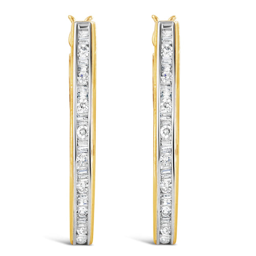 10K Yellow Gold 1.00 Cttw Round and Baguette-Cut Diamond U-Hoop Earrings (H-I Color, SI2-I1 Clarity)