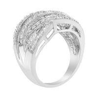 .925 Sterling Silver 1.0 Cttw Channel Set Alternating Round and Baguette Diamond Cross-over Bypass Ring Band (I-J Color, I2-I3 Clarity) - Size 7