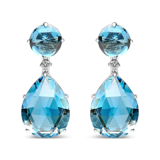 18K White Gold 1/5 Cttw Diamond with Round London Blue Topaz and 20 x 15mm Pear Cut Sky Blue Topaz Gemstone Dangle Earring (G-H Color, SI1-SI2 Clarity)