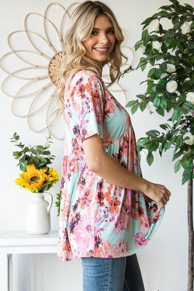 Heimish Floral V-Neck Babydoll Blouse - Full Size Short Sleeve Top
