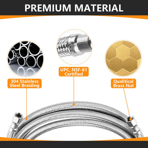 5ft Ice Maker Hose, with 1/4" Comp by 1/4" Comp Connection, Stainless Steel Braided Hose