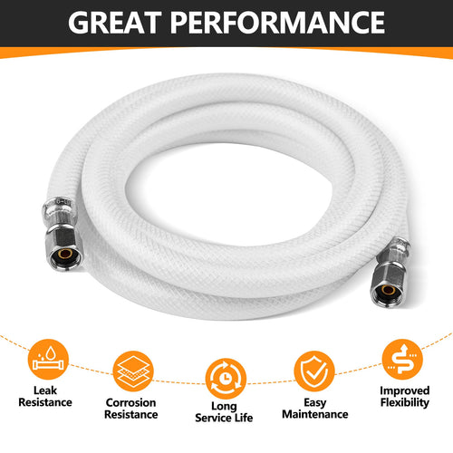 10ft Fridge Ice Maker Water Connector Line, Polyester Reinforced PVC, 1/4" Comp by 1/4" Comp Connection, White