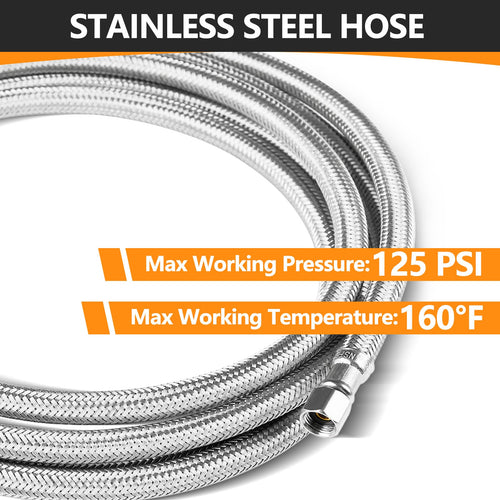 10ft Ice Maker Hose, with 1/4" Comp by 1/4" Comp Connection, Stainless Steel Braided Hose