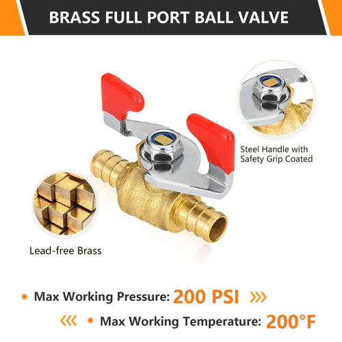 10 Pcs 3/4" PEX Crimp Butterfly Ball Valve, Red (Lead Free)