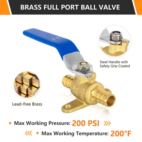 10 Pcs 1/2" PEX Crimp Drop Ear Ball Valve, Blue (Lead Free)