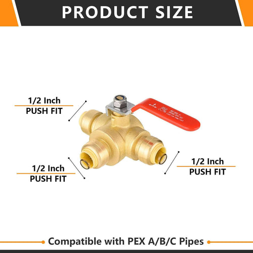 1/2" Push Fit 3 Way Ball Valve, Red Lever (Lead Free)