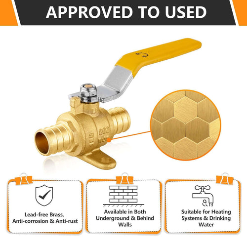 10 Pcs 3/4" PEX Crimp Drop Ear Ball Valve, Yellow (Lead Free)