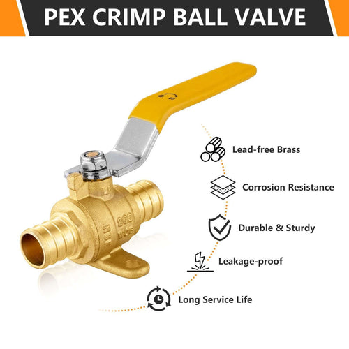 10 Pcs 3/4" PEX Crimp Drop Ear Ball Valve, Yellow (Lead Free)