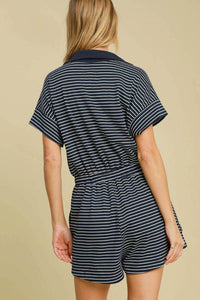 Umgee Full Size Half Zip Striped Romper Plus Size