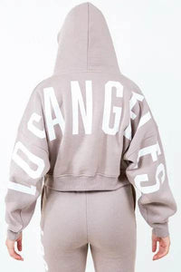 American Bazi Letter Graphic Long Sleeve Drawstring Cropped Hoodie