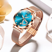 Rose Gold Mesh Women's Watch Heart Crystal Dial Quartz