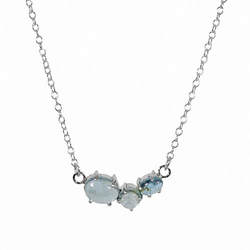 Aquamarine Sterling Silver Necklace 3 Stone Pendant
