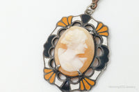 Antique Carved Woman Cameo Shell Enamel Sterling Silver Pendant