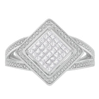 .925 Sterling Silver 1/3 Cttw Invisible Set Princess-Cut Diamond Rhombus and Beaded Halo Ring (H-I Color, SI1-SI2 Clarity) - Ring Size 7