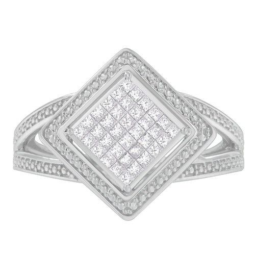.925 Sterling Silver 1/3 Cttw Invisible Set Princess-Cut Diamond Rhombus and Beaded Halo Ring (H-I Color, SI1-SI2 Clarity) - Ring Size 7
