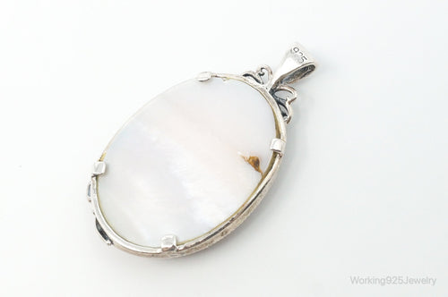 VTG Pink Mother of Pearl Marcasite Butterfly Flower Sterling Silver Pendant