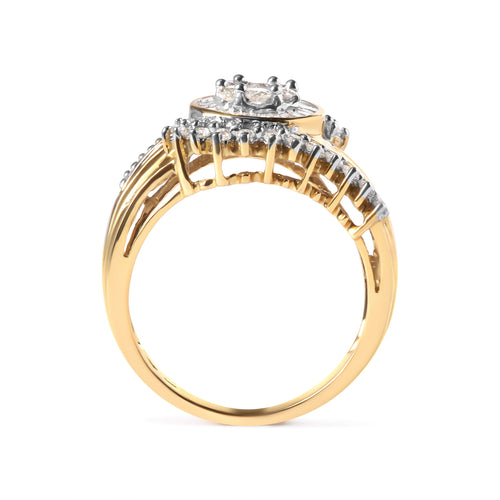 10K Yellow Gold 1 Cttw Round and Baguette cut Diamond Cluster Swirl Band Ring (H-I Color, I1-I2 Clarity) - Ring Size 7