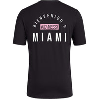 adidas Mens Soccer Messi X Miami Bienvenido a Miami Tee - Classic Relax Fit with Messi Graphic Logo and #10 Available in Black & White (Small Black)