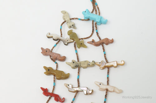 VTG Native America Fox Fetish Carved Multi Gem Sterling Silver Necklace