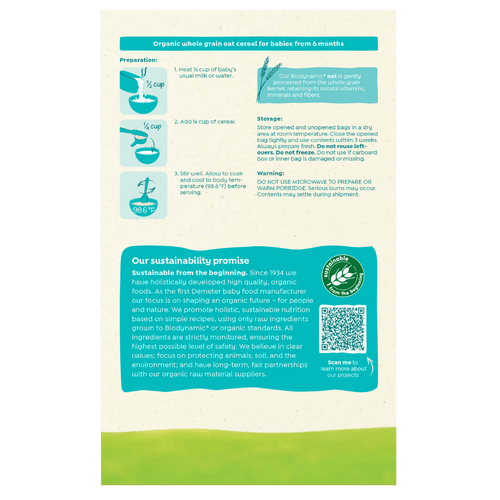 Holle Organic Whole Grain Oat Cereal - 6 Pack