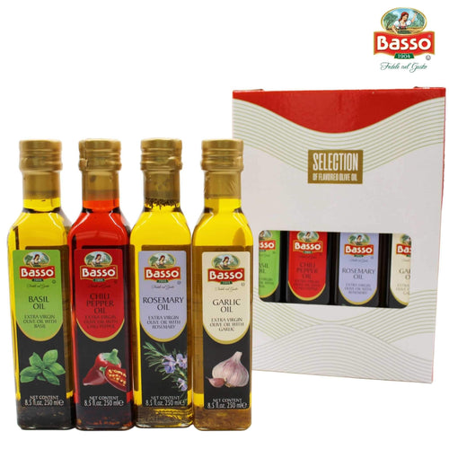 Basso 1904 Infused Extra Virgin Olive Oil Gift Set – Garlic, Chili, Rosemary & Basil – 4 x 8.5 fl oz (250 ml)