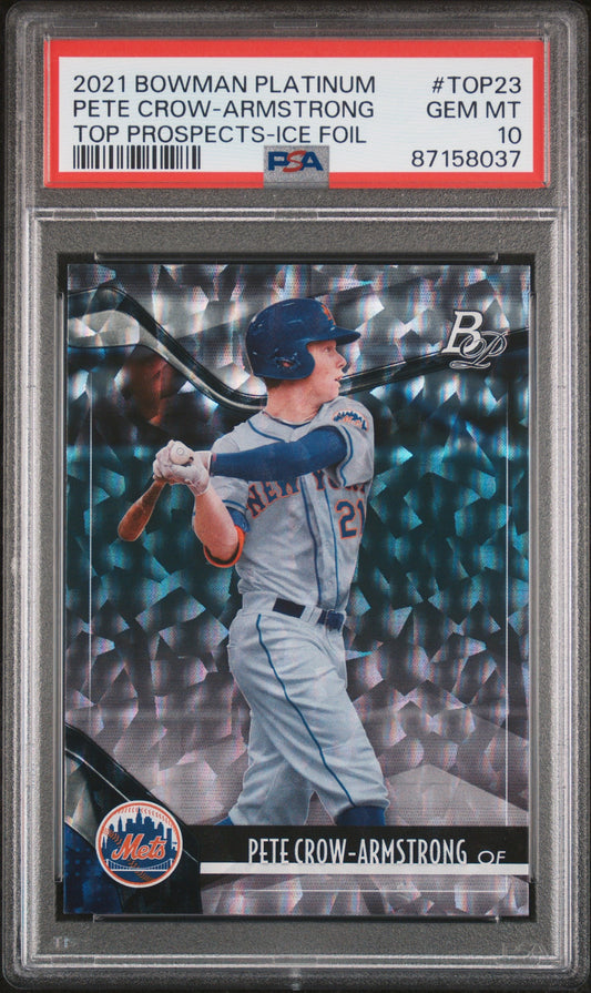 Graded 2021 Topps Bowman Platinum Pete Crow Armstrong #TOP23 Top Prospects Ice Foil Baseball Card PSA 10 Gem Mint