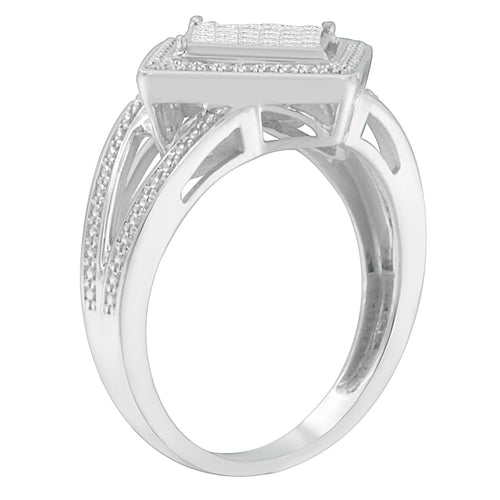 .925 Sterling Silver 1/3 Cttw Invisible Set Princess-Cut Diamond Rhombus and Beaded Halo Ring (H-I Color, SI1-SI2 Clarity) - Ring Size 7