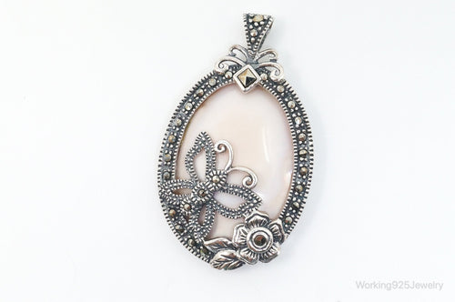 VTG Pink Mother of Pearl Marcasite Butterfly Flower Sterling Silver Pendant